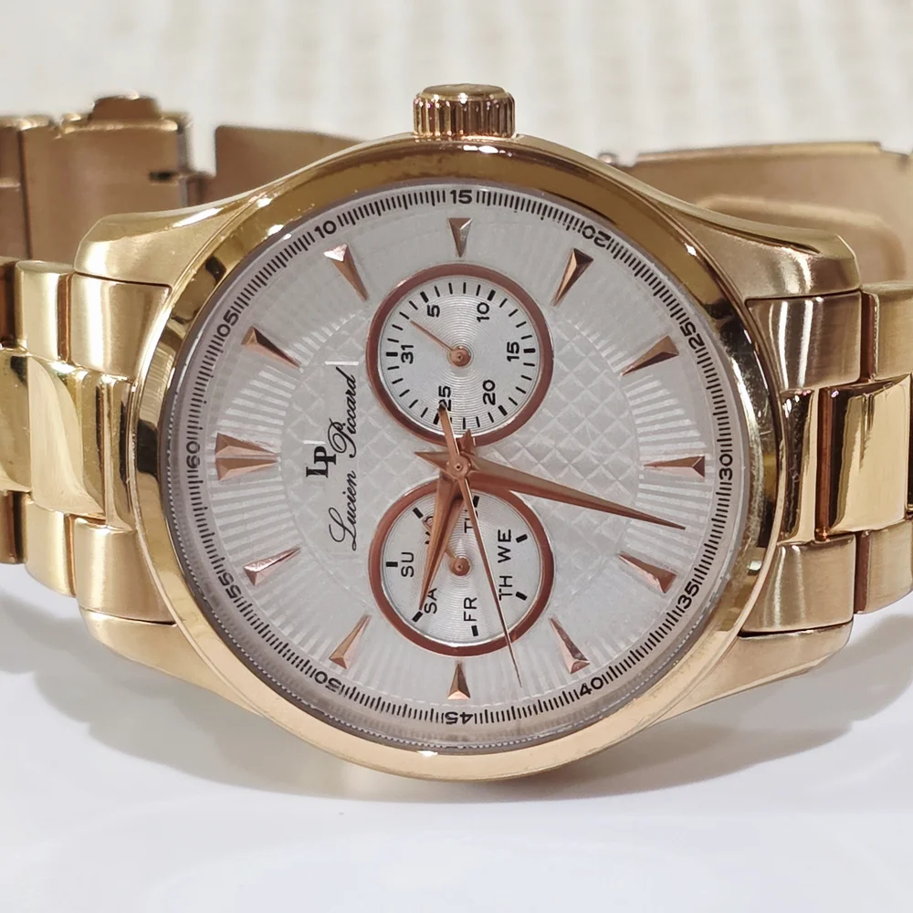 Lucien Piccard STELLAR Men's Wrist Watch Day Date Sub-Dials Rose Gold Pink